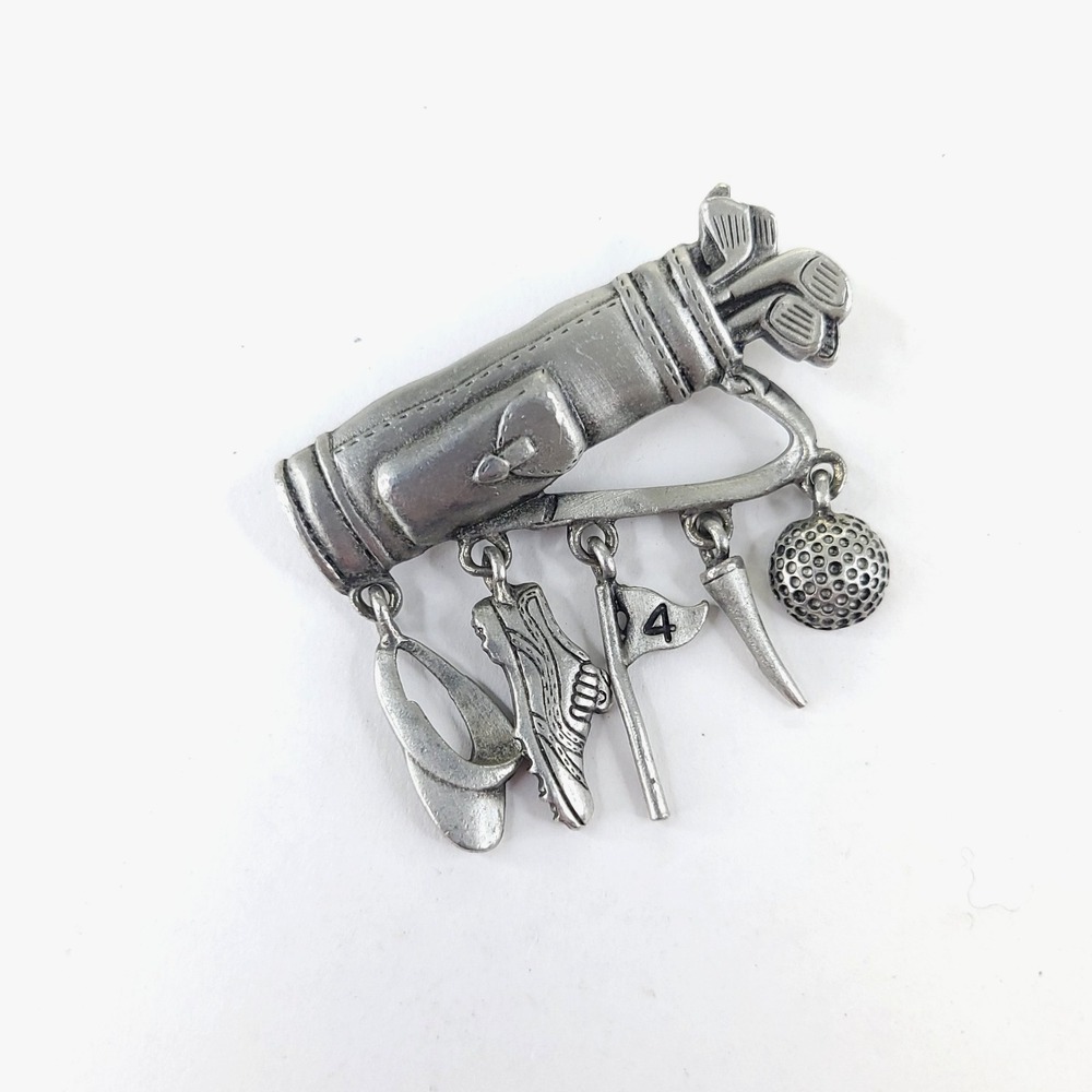 Vintage JJ Jonette Jewelry Golf Bag Dangle Brooch Pin 5 Charms Pewter